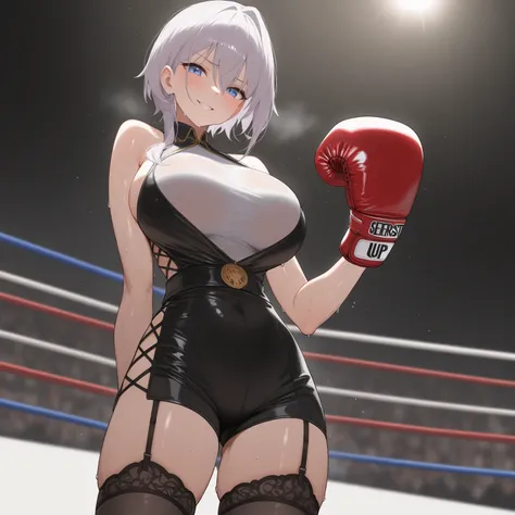 highschool costume, everlast boxing glove, UHD, retina, masterpiece, curate, anatomically correct, textured skin, super detail, high details, high quality, best quality, highres, 4K, quality, Arrogant, garter stockings, Large Breasts, covered in blood by b...