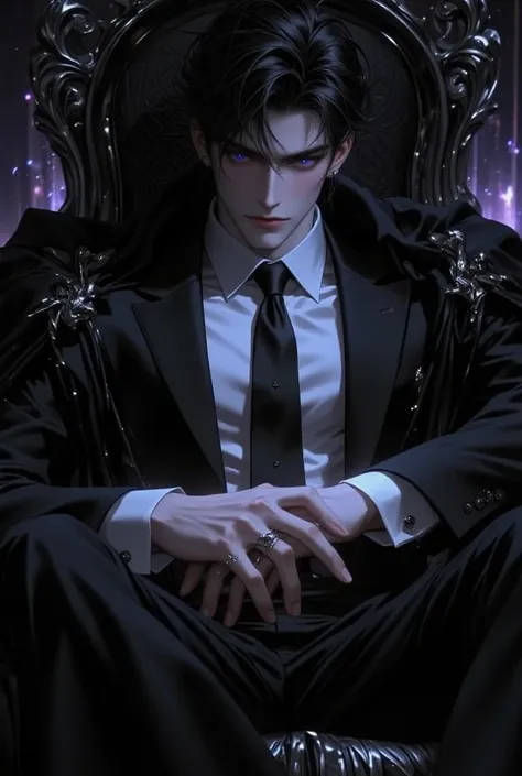 (masterpiece:1.3, perfect detail:1.4, top quality, 8k wallpaper, good anatomy:1.4, perfect face:1.4), (1 man, handsome man with pale skin), (Dirty and disheveled black hair on the side, glowing bright purple eyes, mystical and ominous gaze), (Classic black...