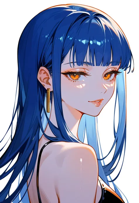 Artwork,,,,back view,adult female,single woman,alone,dark blue hair,long straight hair,long hair,short blunt bangs,golden and orange eyes,half closed eyes,sly smile,full lips,lip balm,expressionless,pale skin,medium breast,exposed body,shiny body,long lock...