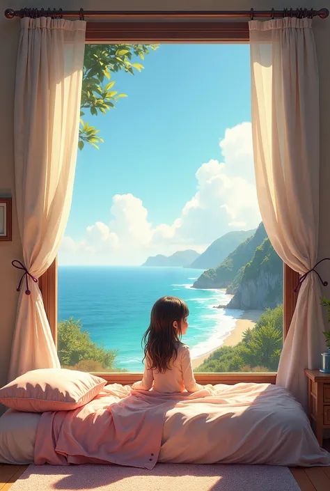 A girl bedroom on a hill or cliff with a view of the beach from the window