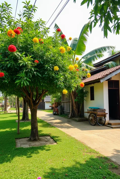 A serene rural environment with lush greenery. Beside a traditional house, there is a flowering tree with red and yellow blossoms, with some flowers scattered on the small grassy ground below. Nearby, a banana tree stands tall, adding to the tropical vibe....