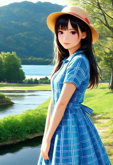 1girl, solo, long hair, looking at viewer, shirt, black hair, hat, dress, short sleeves, outdoors, day, striped, water, black eyes, tree, plaid, realistic, plaid shirt, photo background, plaid dress