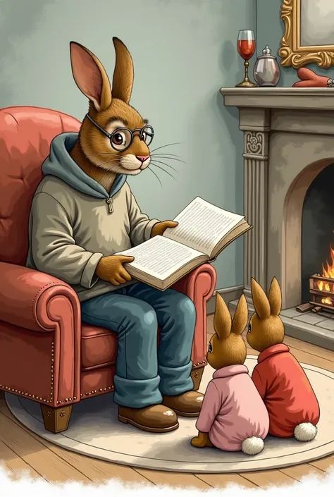 An old male cartoon rabbit is sitting on an armchair.  He is wearing a jumper trousers shoes wool hat and glasses. He is narrating a story to two young rabbits siiting on a carpet on the floor. The two young rabbits () are wearing pyjamas. The armchair is ...