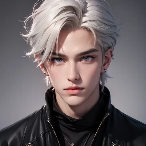 anime boy, handsome face, short white hair, light gray eyes, charming gaze, badboy style with many ear piercings, midnight city background, sharp facial details, sharp eye details, body and hand details, for 4k and 8k images