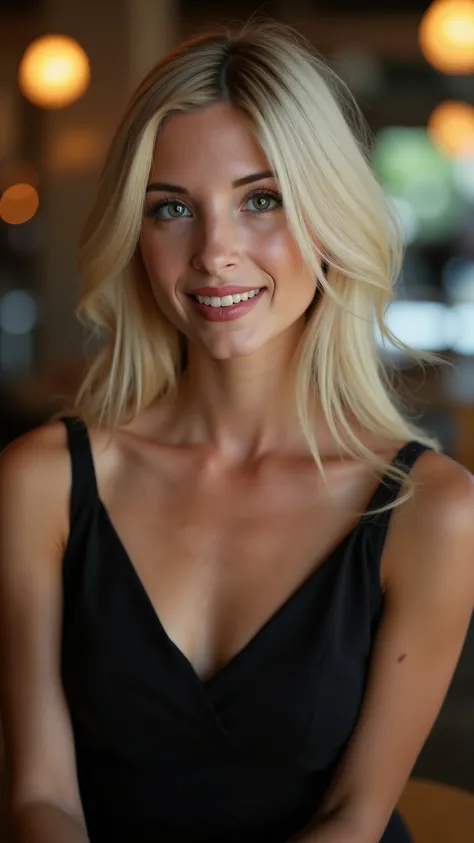 This is a beautiful  closeup photograph of a woman, she has long straight blonde hair swept to one side and dark blue eyes.  Wearing a form fitting  black dress,  Sitting in a cafe. Flirting at the viewer. Smile, Captured with a Sony A7R IV camera and a 50...