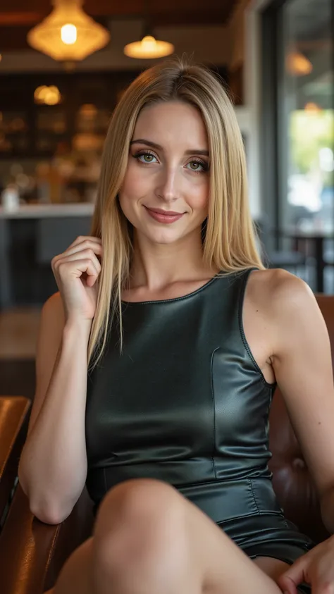 This is a beautiful  closeup photograph of a woman, she has long straight blonde hair and dark blue eyes.  Wearing a form fitting  boatneck dress,  Sitting in a cafe. Flirting at the viewer. Smile, Captured with a Sony A7R IV camera and a 50mm f/1.2 G Mast...