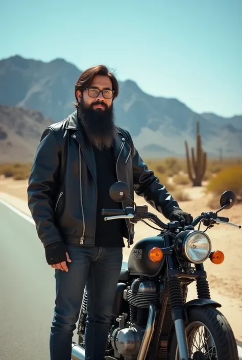 A photo of a thai biker with a round, proportionate face, medium-length hair brushed slightly forward, a thick beard and mustache covering the chin and upper lip, and thin-rimmed glasses. He is wearing a black leather jacket, dark jeans, heavy boots, and f...