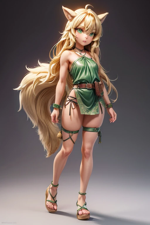 3D digital art, Intricate Detail, masterpiece, higher quality, whole body, (whole hair:1.5), a single anime age hunter girl, pretty face, centralized, (5.1 feet tall), (big head:1.7), standing, highly detailed long hair, blonde hair, long hair down to the ...