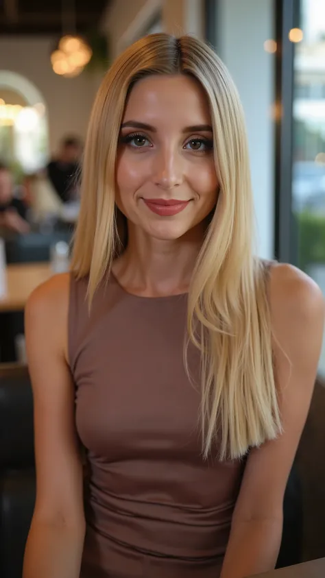 This is a beautiful closeup photograph of a woman, she has long straight blonde hair and dark blue eyes. Wearing a form fitting boatneck dress, Sitting in a cafe. Flirting at the viewer. Smile, Captured with a Sony A7R IV camera and a 50mm f/1.2 G Mast...