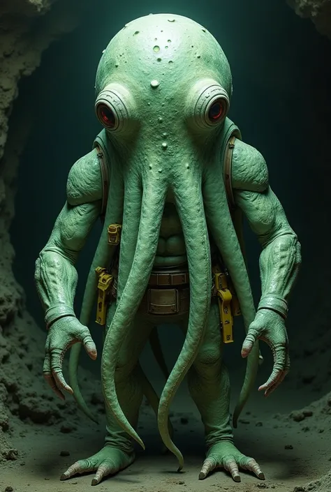 octopus embodying a large head character with human features clear green an white never seen before high detailed surrealism with extra pockets an straps an badges trypophobia in cave psychedelic 