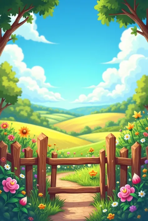 garden with fence in front, Field with blue sky cartoon