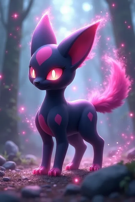 The Umbreon mix’s with Mewtwo. The colors are purple, pink and black. They look magic and have magic powers. They look dangerous. 