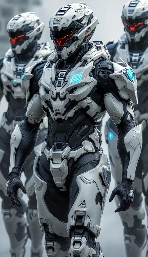 5 mans, in futuristic white cyborg armor, with carbon details, with red and blue neons, a police emblem on the chest, futuristic military armor, realistic details, walking in a futuristic city patrolling, year 2199,