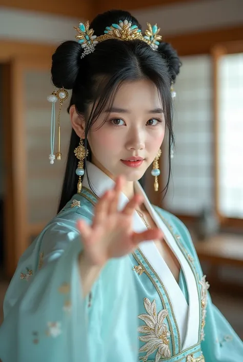 สาวเอเชียอายุ 18 ปี, คนจริง, สาวเอเชียอายุ 18 ปี, A detailed cosplay of a character with traditional Asian influences, featuring an ornate outfit in light blue, white, and gold accents. The costume includes delicate embroidery, flowing fabric pieces, and t...