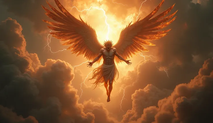  The fall of Satan is represented with dramatic , mostrando Lucifer em sua transformação, falling from the sky amidst a distorted heavenly environment. The sky is torn , } with dark clouds and lightning illuminating space . Lucifer,  with a corrupted angel...