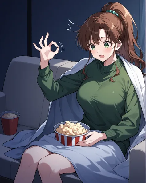 obra maestra, mejor calidad, 1 girl, solo, LONg hair, Brown hair, green eyes, ponytail hairstyle, Green SWeater, blanket in shoulders, living room background, dark room, no light, Kino Makoto, double ball accessory, hair accessory, green accessory, MEdium ...