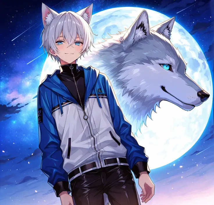 masterpiece,  high resolution,  best quality ,  very detailed, 1st son ,Front of ears,  shiny hair, Guy, White hair, Silver hair, Intake head , wolf ears, smile,  cowboy shot , 