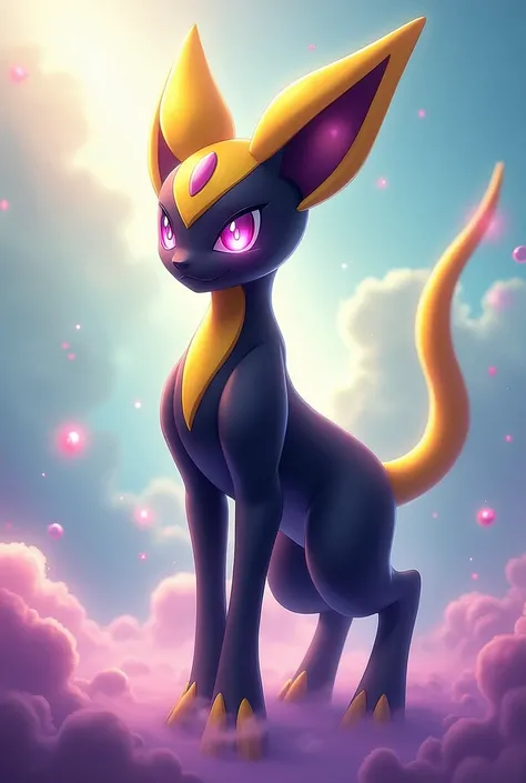 The Umbreon mix’s with Mewtwo. The colors are yellow, black and purple. They look magic and have magic powers. They look dangerous. The background is light blue and pink. 