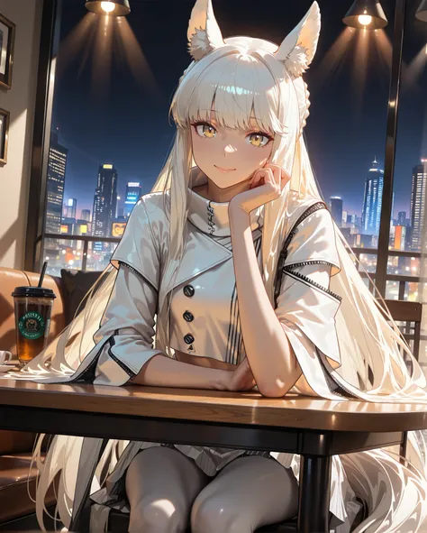 female,(alone),((alone)),(((Platinum  ))),(Arknights),Platinum  _\(Arknights\), Platinum  _\( Arknights\), Gray Hair。 (((long hair)))。White horse ears。white horse tail 。(Strong winds:1.5),((Black and white clothes))。yellow eyes,smile,,Photorealistic Backgr...