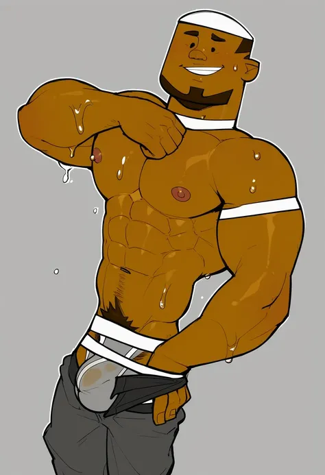 DJ, broad shoulders, mature male, black eyes, muscular male, cartoon style, athletic build, human, dark skinned male, short hair, facial hair, goate mbarrassed, taking off pants, underwear, boxer briefs, big bulge, wet spot, pubic hair, dutch angle, undres...