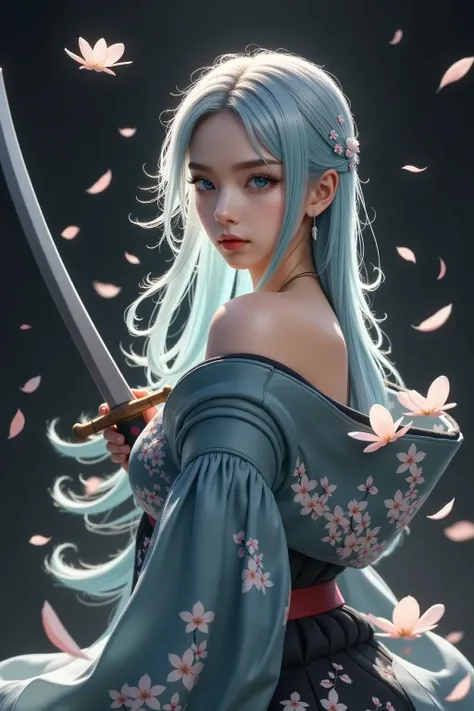 Light blue and black kimono with a beautiful pattern、masterpiece、Holding a Japanese sword in hand、 are dancing a lot of cherry blossoms、What eyebrow color matches hair color、Super long hair with sparkles、 beautiful lighting arranged in an orderly manner