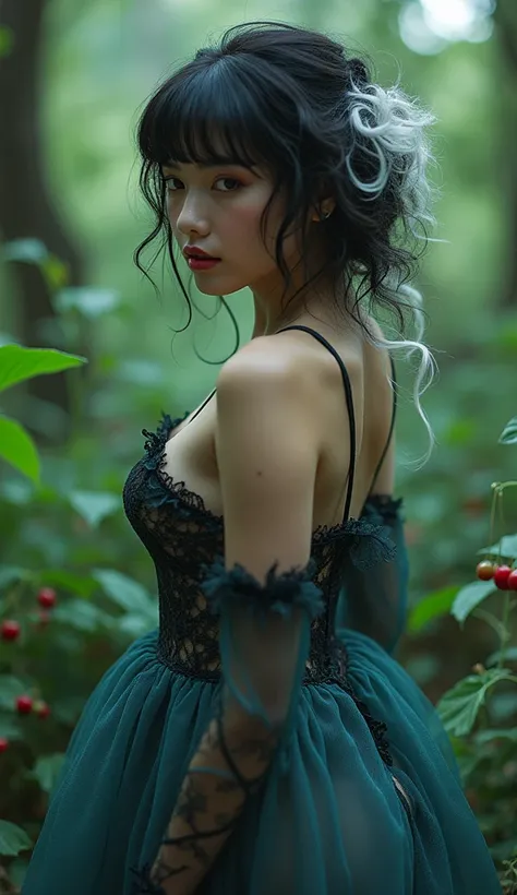 Ma Tuế, a beautiful vietnamese chubby face girl with piebaldism, black and white hair with a streak of white, real woman curly bangs hair. realistic image with cinematic angle, excite. A splendid female with mystical teal and violet sheer Maxi opened lace ...