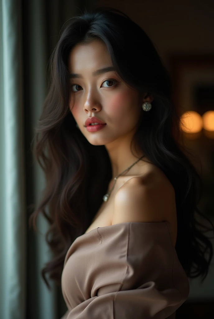 Create a captivating portrait of an 18-year-old model with striking Asian features. She exudes a sense of mystery and allure, her eyes deeply expressive, hinting at untold stories. The lighting should be soft yet dramatic, with subtle shadows accentuating ...