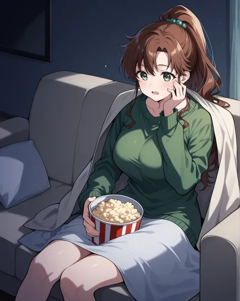 obra maestra, mejor calidad, 1 girl, solo, LONg hair, Brown hair, green eyes, ponytail hairstyle, Green SWeater, blanket in shoulders, living room background, dark room, no light, Kino Makoto, double ball accessory, hair accessory, green accessory, MEdium ...