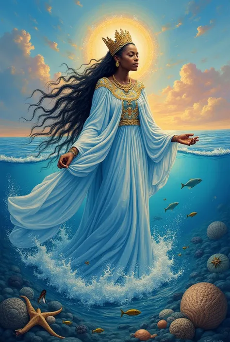 Uma pintura majestosa e serena de Yemanja, The Queen of the Sea in Umbanda .  She is represented as a maternal and protective figure ,  dressed in a long cloak of light blue and white ,  with brilliant details that reflect the brightness of the ocean .  He...