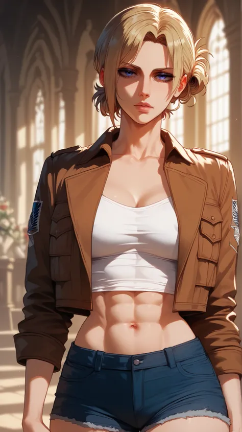 Annie Leonhart style, Attack on Titan,  perfect eyes,  perfectly sexy face, ultra detailed,  ultra perfect eyes ,  big beautiful woman , standing, dark blue shorts, Body,  Looking at the viewer,