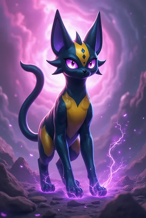 The Umbreon mix’s with Mewtwo. The colors are yellow, black and blue. They look magic and have magic powers. They look dangerous. The background is purple and pink. 