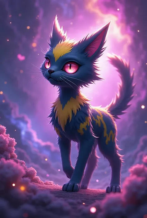 The Umbreon mix’s with Mewtwo. The colors are yellow, black and blue. They look magic and have magic powers. They look dangerous. The background is purple and pink. 