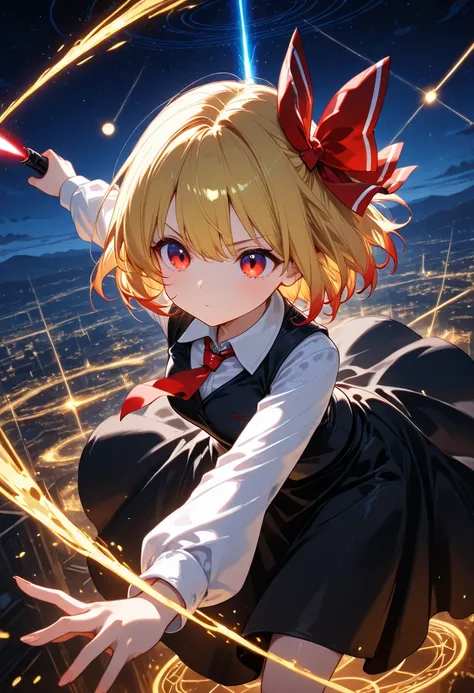 anime, 1girl, solo, fantasy, Rumia, gold hair, blonde hair, bob cut hair , hair bow, red hair bow, red eyes, small breasts, collared shirt, white shirt, red tie, bow tie, black vest, layerd skirt, black skirt, night, dark , flying, in sky, fight, magic cir...