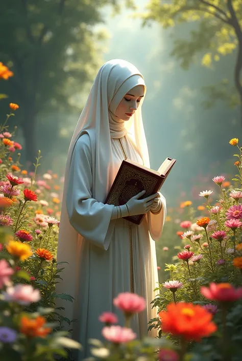 Create image of ai ren stand in front of beautiful flowers hold quran majeed 