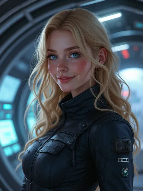 Girl with blond hair and blue eyes.  smiling.  Wearing black army clothing . Scenario a spaceship in the galaxy  