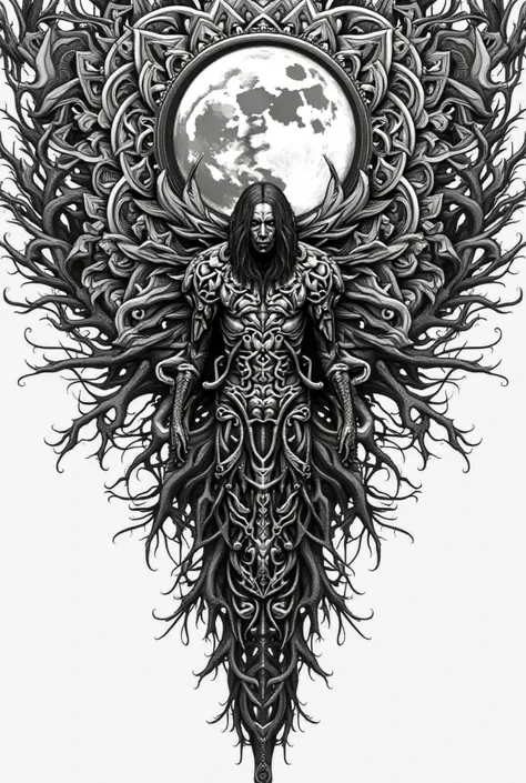 An endless brutal mandala and the moon in detail.  In black and white,  rich tattoo sleeve sketch.