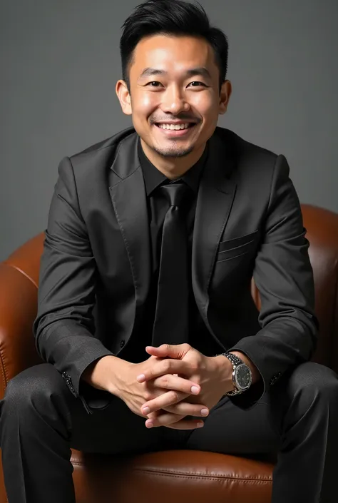  portrait of an asian man wearing an elegant suit, sitting on leather chair with relaxed posture .  The man with short hair is neatly trimmed ,  No beard ,  with a bright face with a confident and friendly appearance . The dark gray suit ,  combined with a...