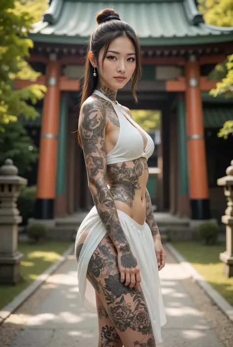 A very beautiful Japanese woman is standing there, covered in many tattoos all over her body. Her tattoos are on her neck, shoulders, arms, stomach, legs, and even the tops of her feet. Her whole body is covered in tattoos that cover her bare skin. Her tat...