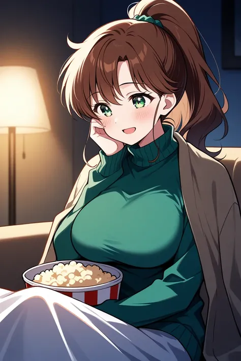 obra maestra, mejor calidad, 1 girl, solo, LONg hair, Brown hair, green eyes, ponytail hairstyle, Green SWeater, blanket in shoulders, living room background, dark room, no light, Kino Makoto, double ball accessory, hair accessory, green accessory, MEdium ...