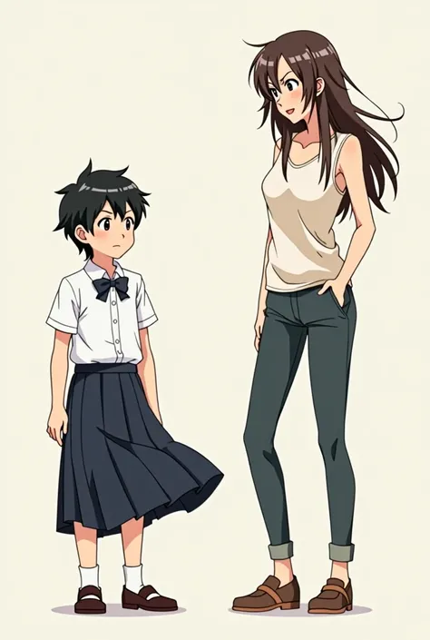 A boy wearing a bow tie and a long school skirt, blushing, Next to him was a woman in pants and a tank top, anime