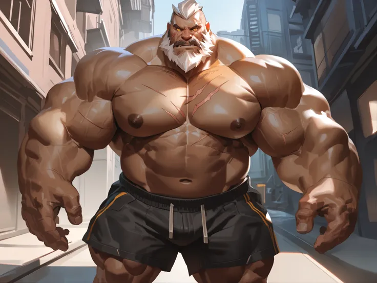 lindong, score_9, score_8, solo, 1boy, massive Muscular Old man, standing, white hair, shorts, bearded, gray beard, bald, angry, yellow eyes, glow eyes, scar on face, nipples, (massive muscular, huge pectoral, wide pectoral, wide shoulder, thick arms, larg...