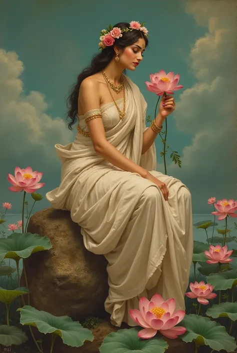 a painting of a woman sitting on a rock holding a flower, wearing sharee, inspired by Raja Ravi Varma, standing gracefully upon a lotus, beautiful goddess, flower goddess, william godward, inspired by John William Godward, traditional beauty, portrait of a...