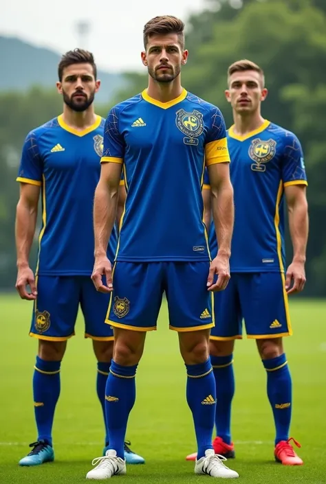 Make soccer uniforms that are blue with yellow details 