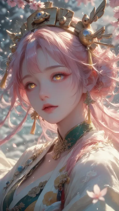 winter，Under the cherry blossom tree，An ancient woman ，Delicate little face egg ， bright eyes ，Bangs, preauricular hair, 嘴唇微張, headgear， wears a pale yellow silk flowing fairy dress，