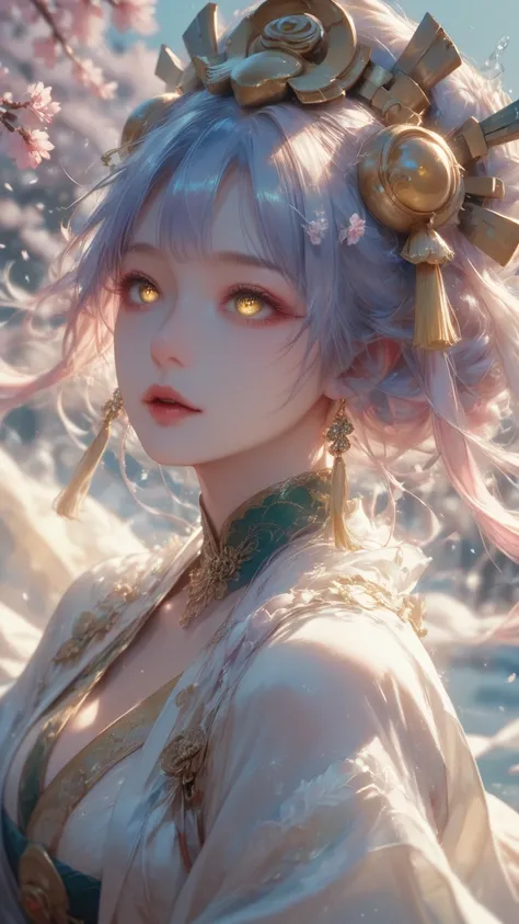 winter，Under the cherry blossom tree，An ancient woman ，Delicate little face egg ， bright eyes ，Bangs, preauricular hair, 嘴唇微張, headgear， wears a pale yellow silk flowing fairy dress，