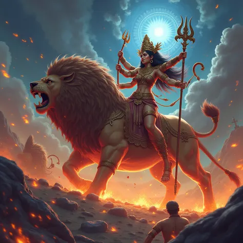 Victory of Good Over Evil
"Illustrate a 3D scene of Durga Devi slaying Mahishasura, the demon king. Depict her as a powerful deity with intense determination, wielding her trident to defeat evil. Her lion roars beside her as the battlefield is illuminated ...