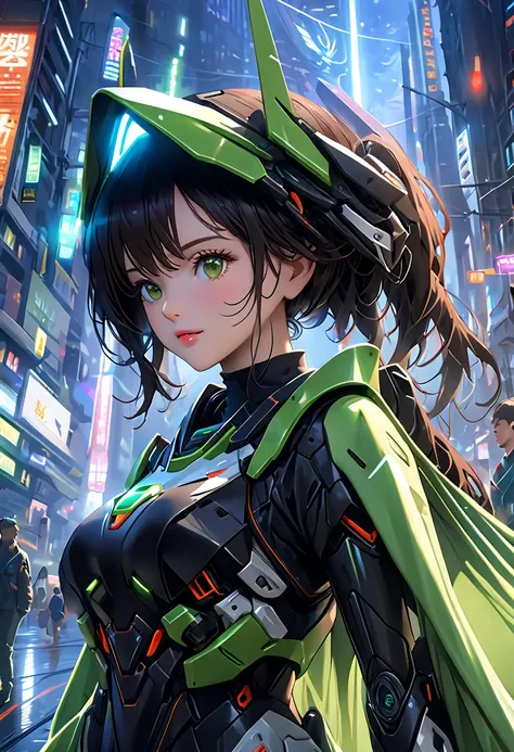  best image quality,  detail,  super high definition, ( realism: 1.4),  best illustration, ,  one very condensed girl ,  DELICATE AND BEAUTIFUL FACE , Beautiful woman wearing a black and green mecha ,  wearing a mecha helmet ,  holding a direction control ...