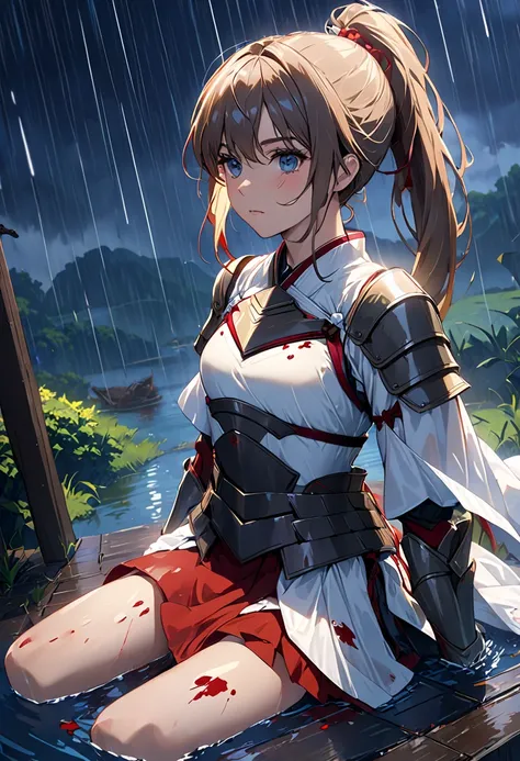 ( more details:1.2, Masterpiece:1.2,  best quality :1.2,  high resolution:1.2),   Warzone Backgrounds, scenery,  It's Raining ,  1 girl sitting underwater,  small breasts,  tea hair,  ponytail, armor clothes, breastplate,  dirty face , Bloodstain, Dark Ski...