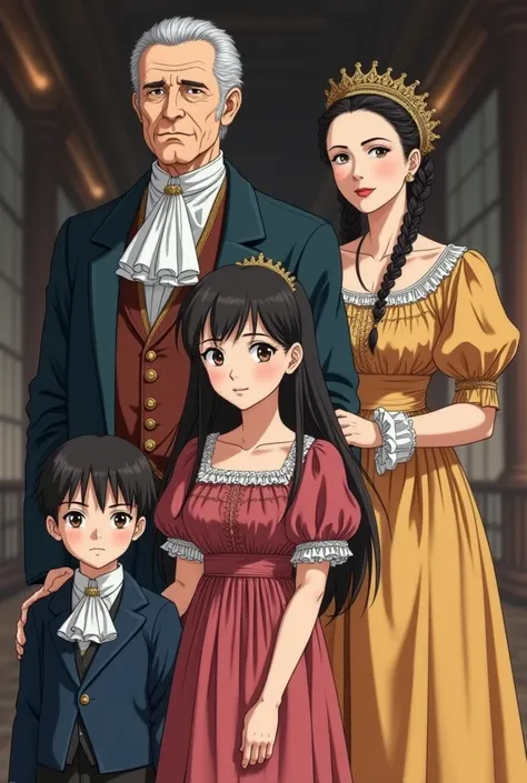 aristocratic family anime style. father aged mother aged stand behind. two adults two daughters and one adult son. father 50 years old. mother 47 years old. daughters 18 years old. son 20 years old. 19th century