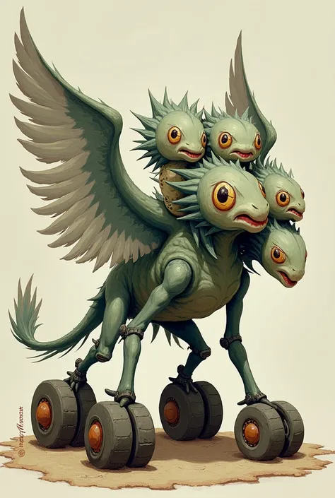 no,  the heads are put together, And each head has a wing, And instead of feet it has wheels 